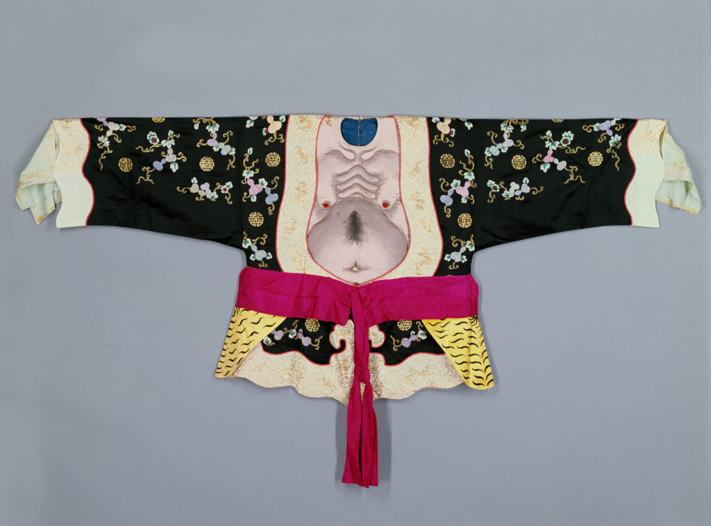 Immortal Li Tieguai’s dress of black satin Props for <i>Eight Immortals</i> embroidered with calabash and gold thread  words of longevity